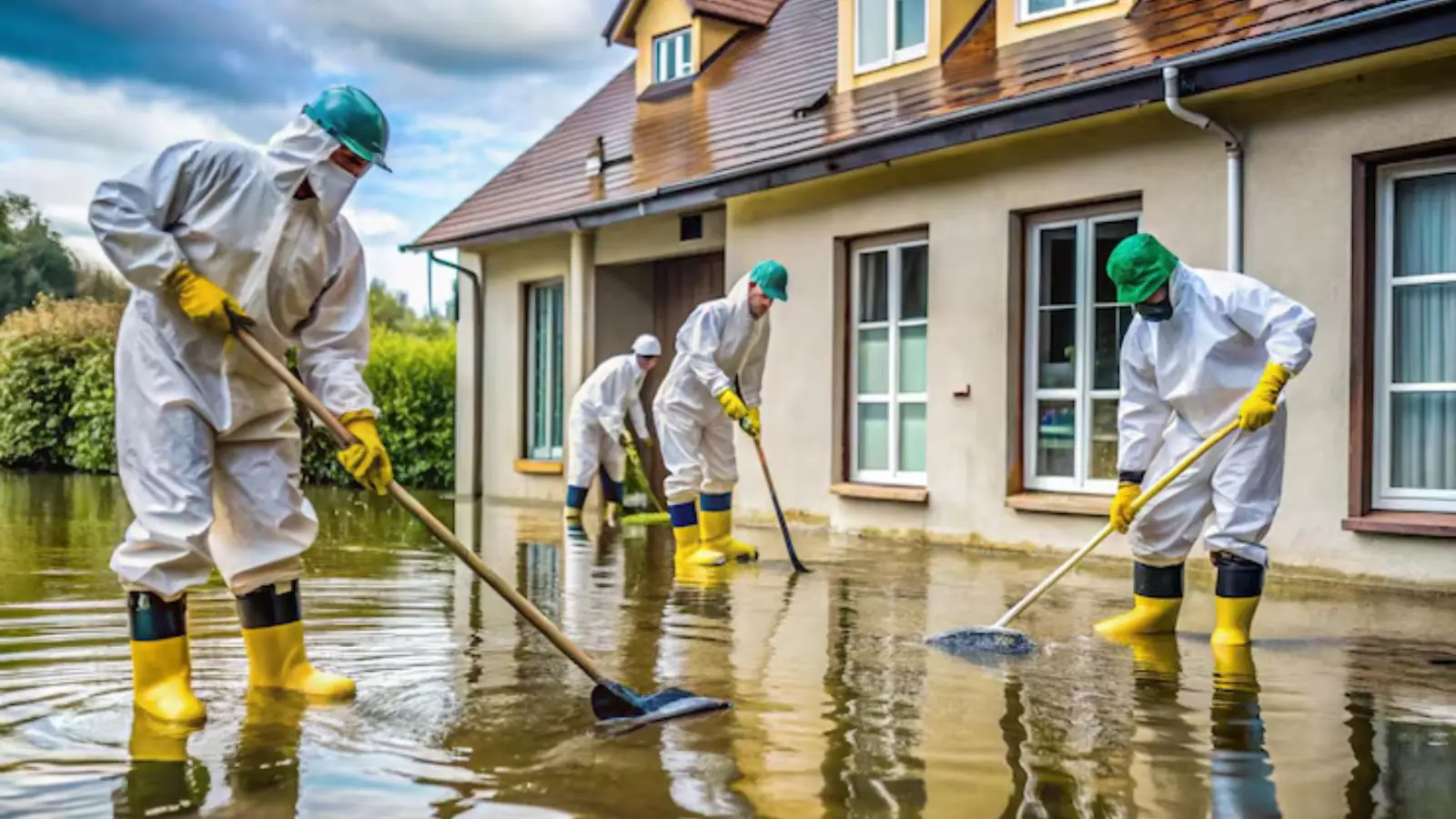 Crew in protective suits and boots cleaning up floodwater around a house